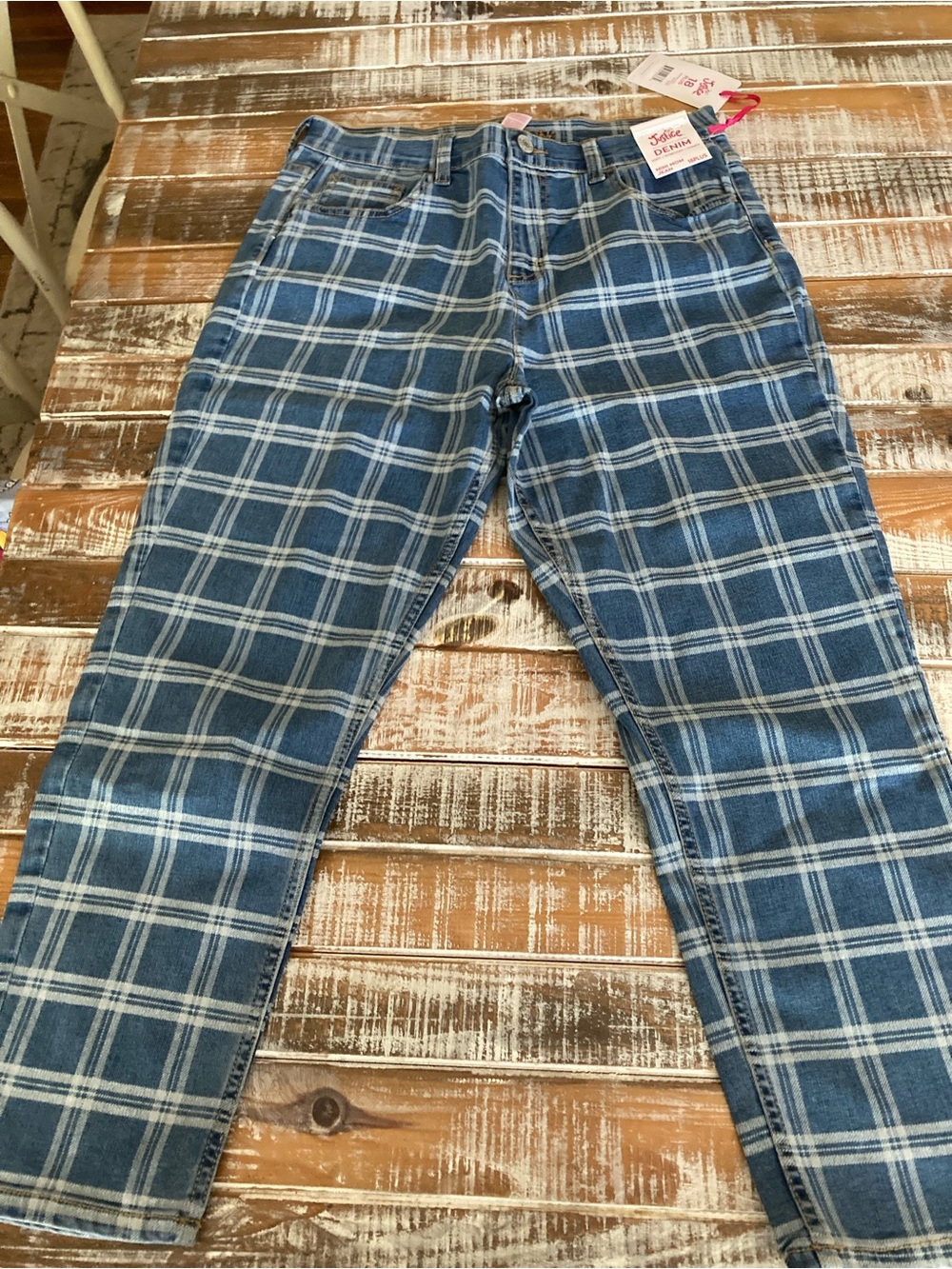 Justice Plus Girls Blue Plaid Slim Straight Jeans